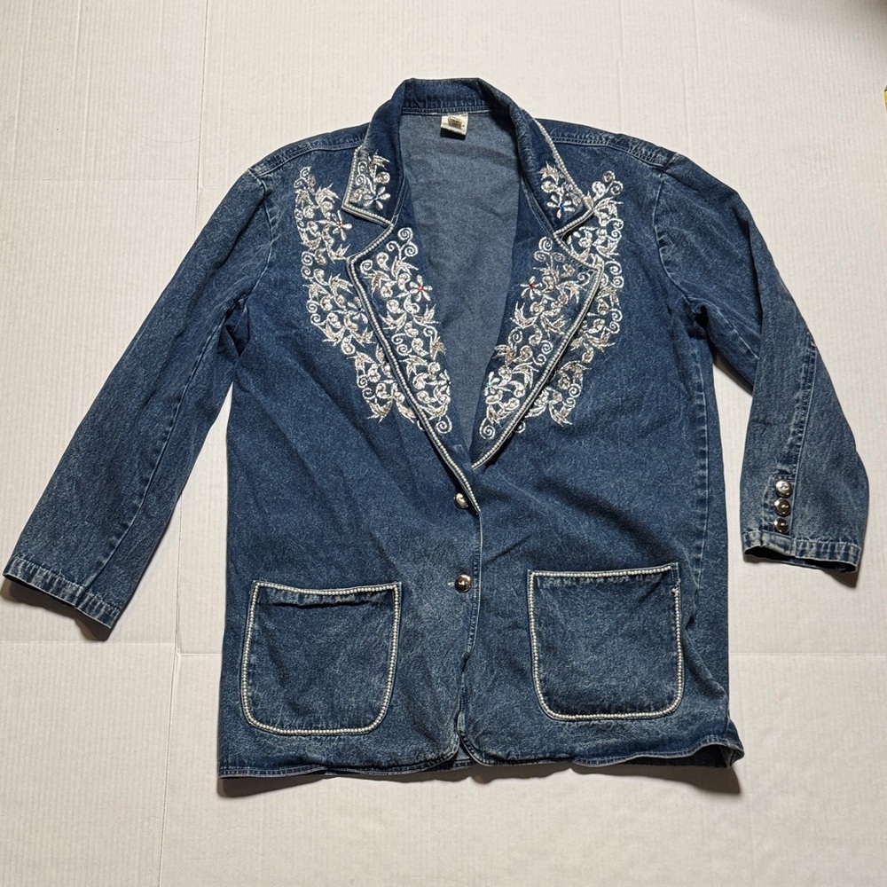 Western Silver Embroidered Denim Blazer Jacket Rhinestones Silver Buttons Size L